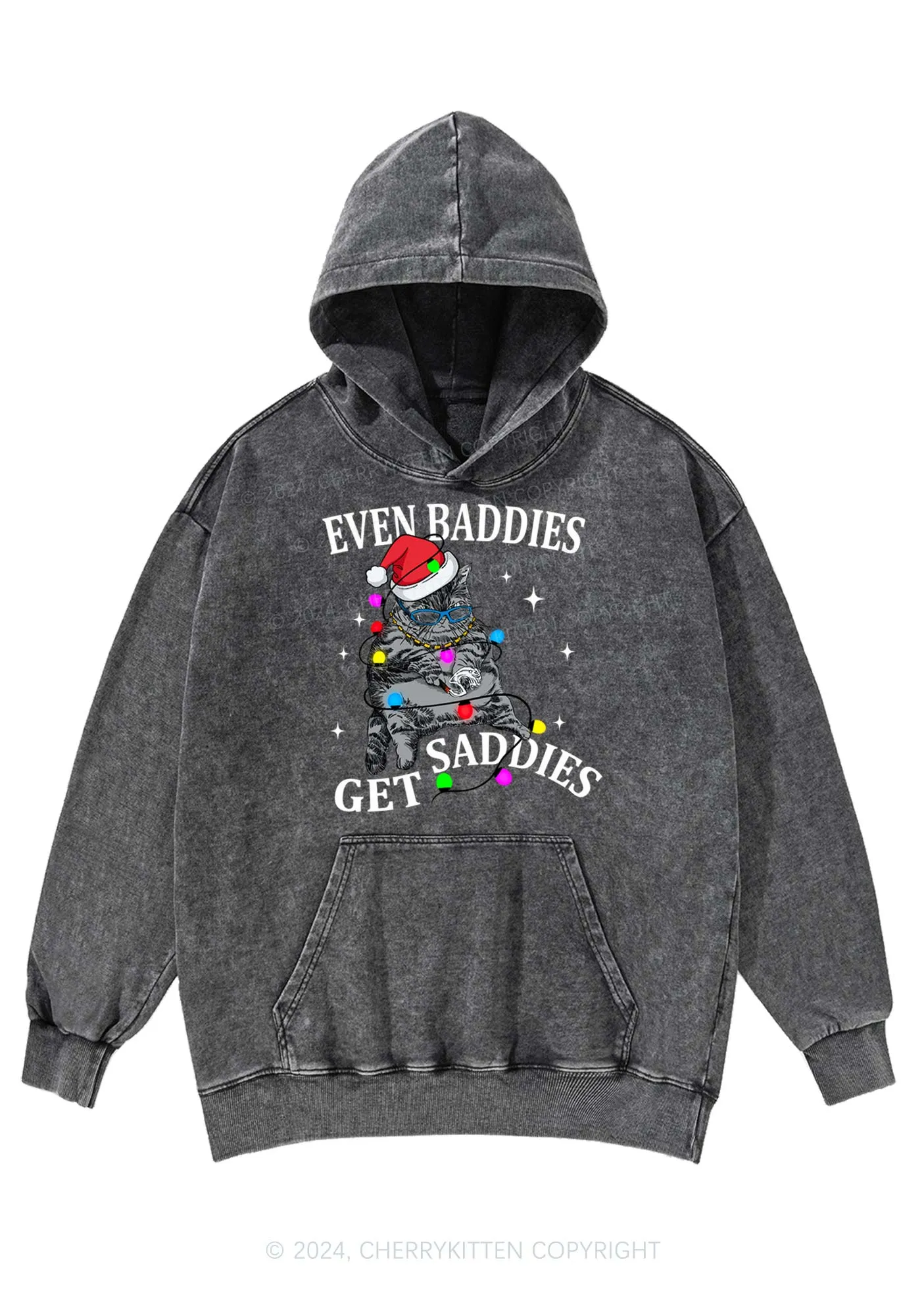 Christmas Baddie Cat Y2K Washed Hoodie Cherrykitten