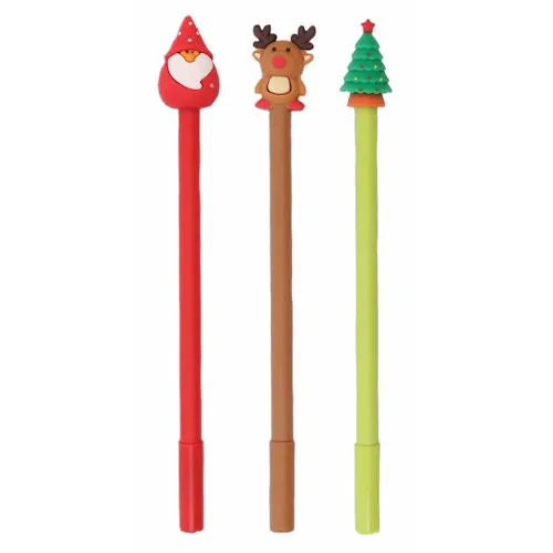 Christmas Novelty Rubber Topper Pen - Assorted Santa Reindeer Tree Festive Holiday Stationery