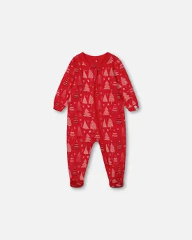 Organic Cotton One Piece Pajama Red Printed Christmas Tree