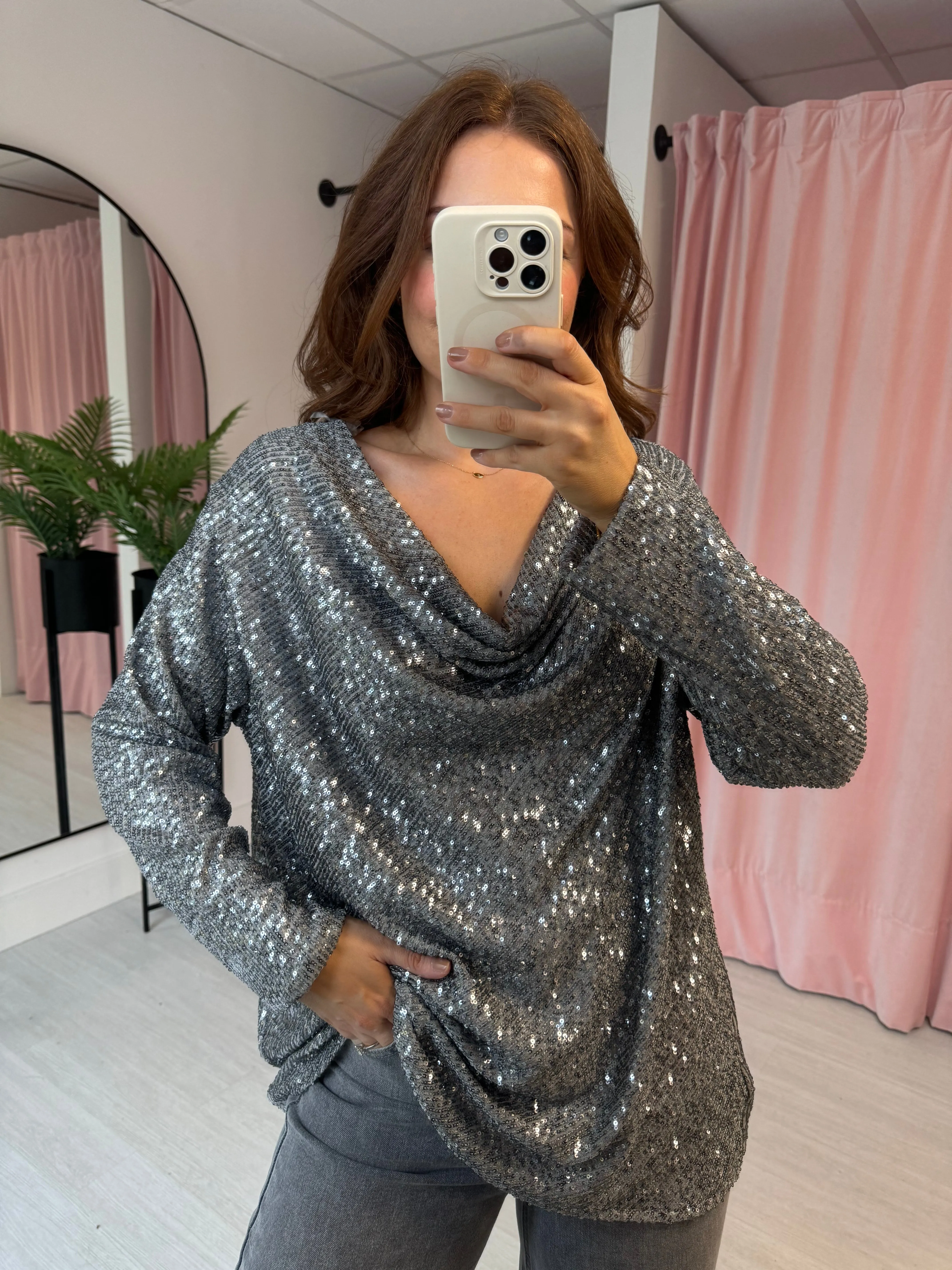 Sequin Cowl Neck Top - Grey