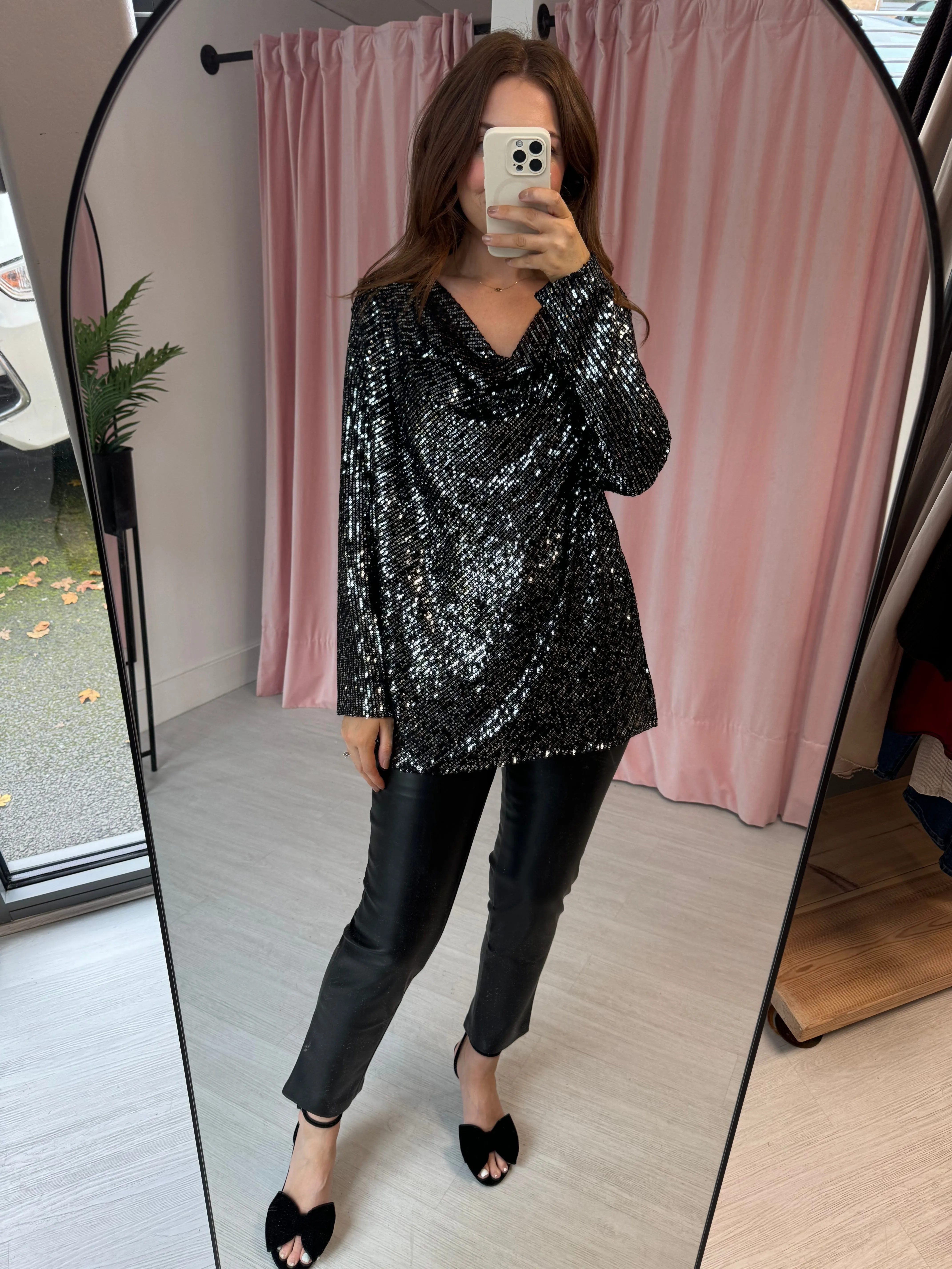 Sequin Cowl Neck Top - Silver