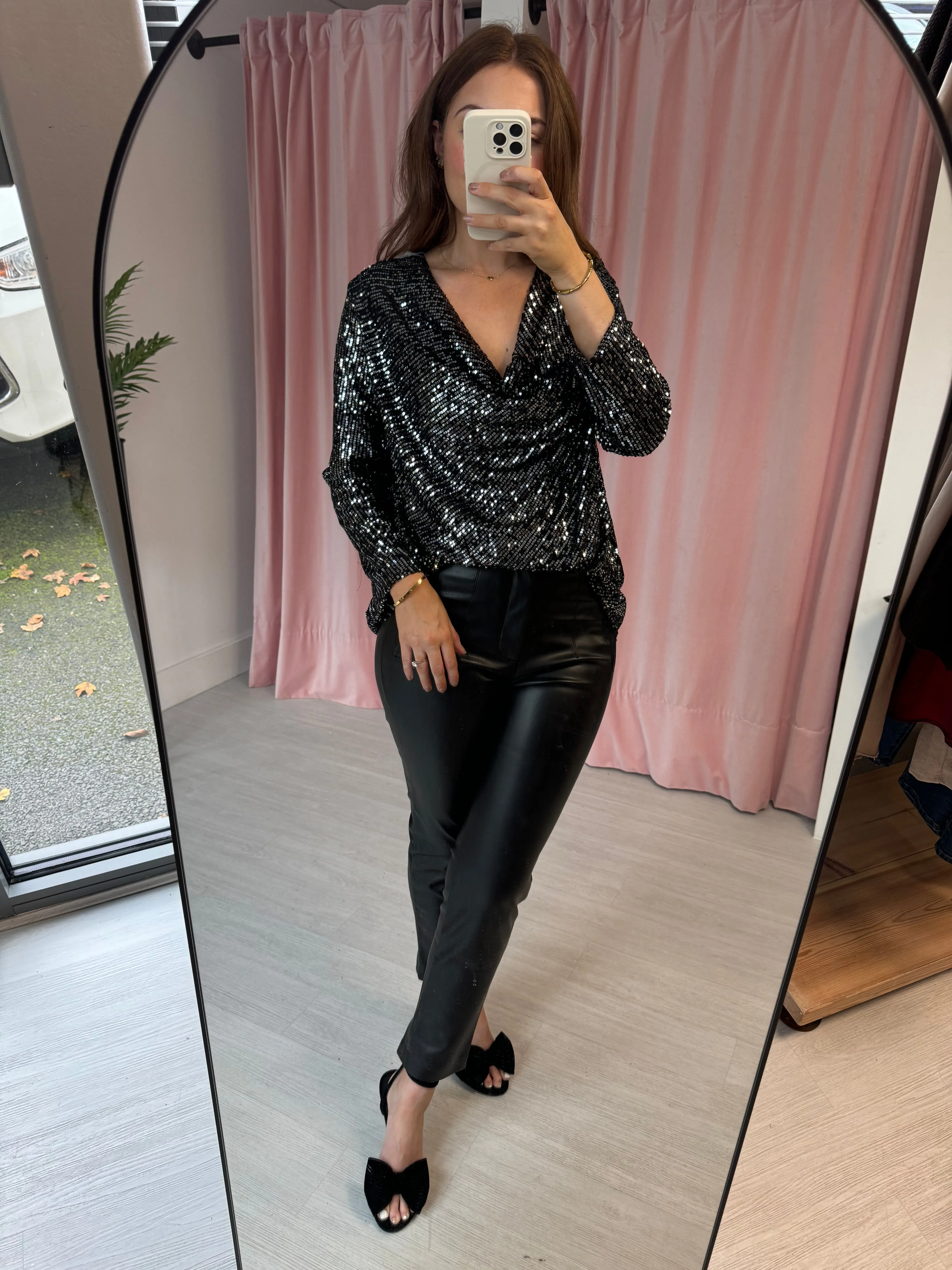 Sequin Cowl Neck Top - Silver