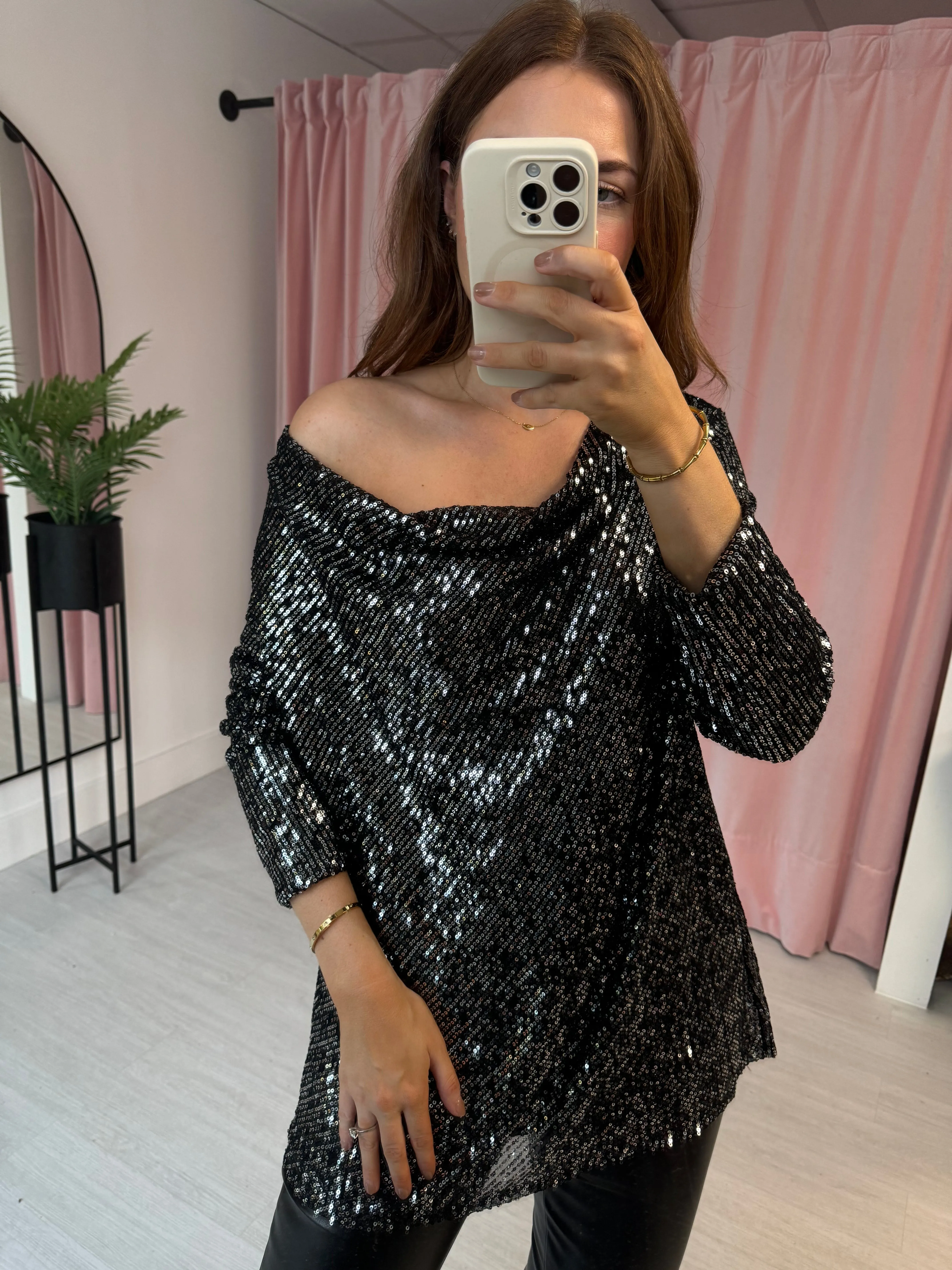 Sequin Cowl Neck Top - Silver