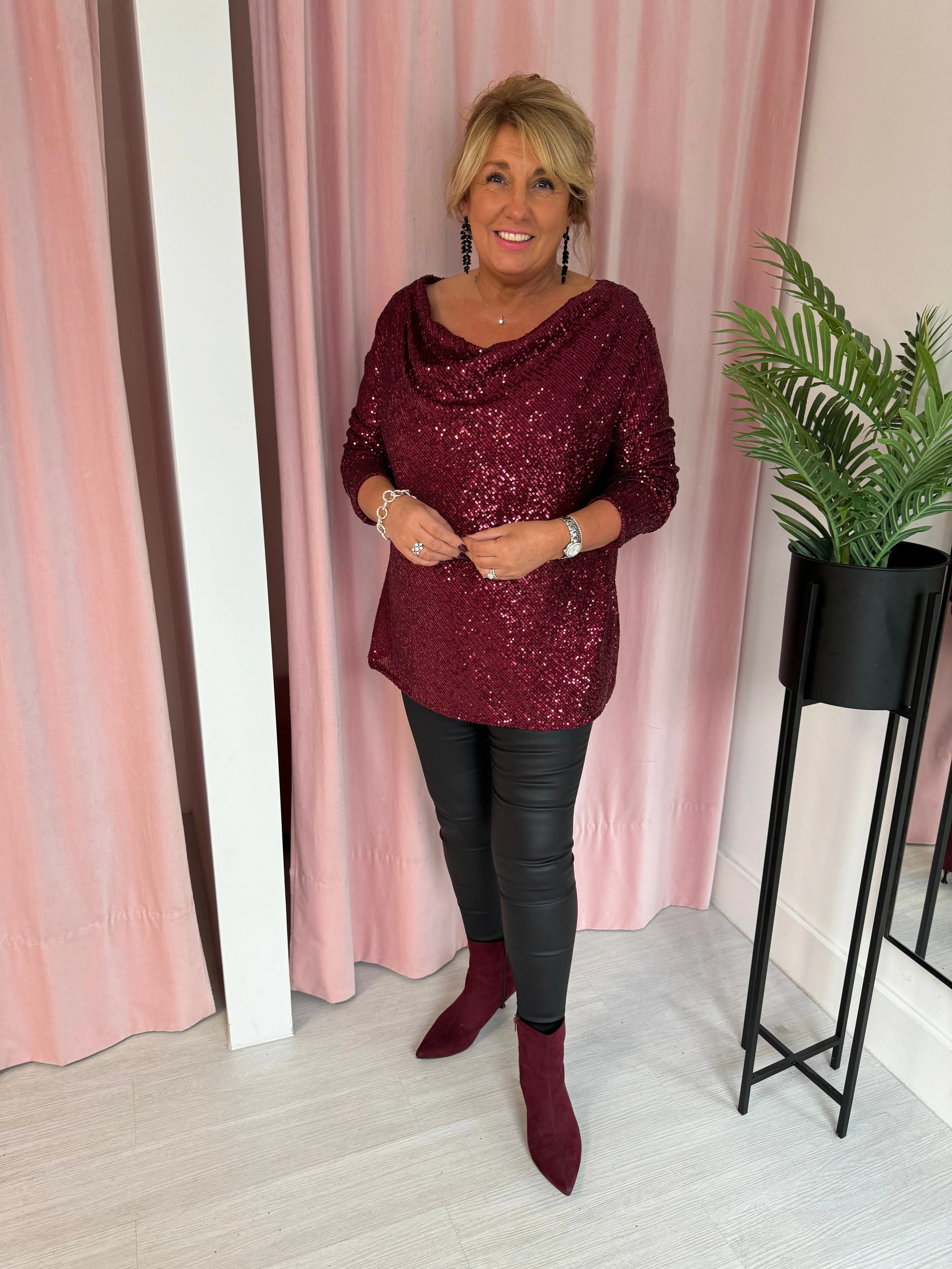 Sequin Cowl Neck Top - Wine