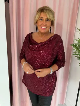 Sequin Cowl Neck Top - Wine